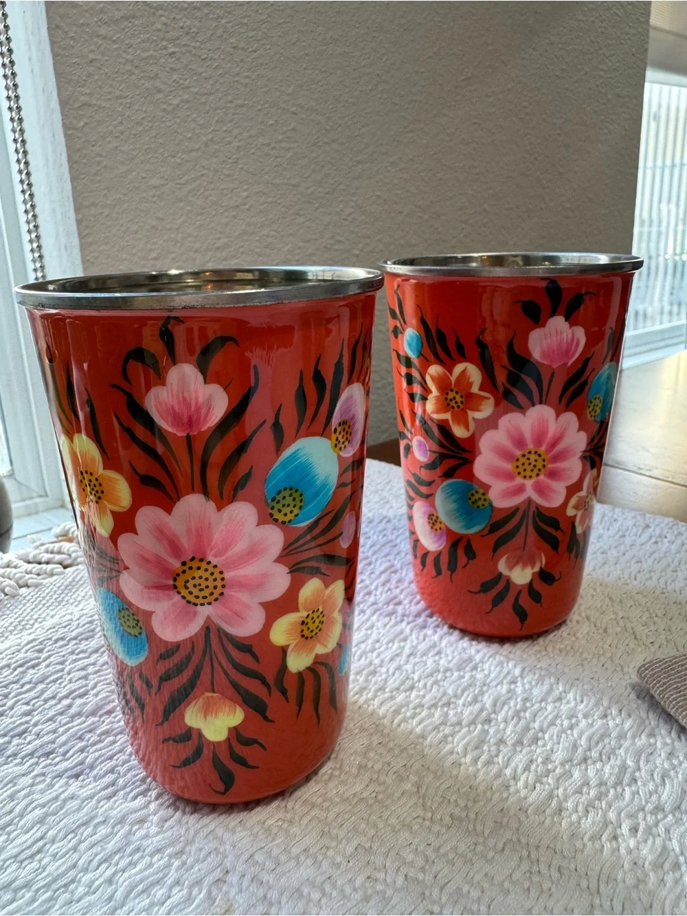 Hand-Painted Floral Orange Enamelware Tumbler - Home Dining